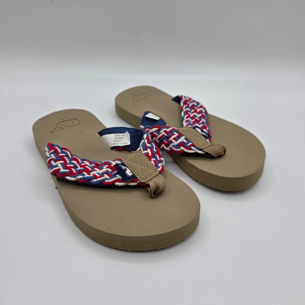 Vineyard Vines Kids Braided Strap Flip Flops Tan Red White Blue Size 1 3Z001020